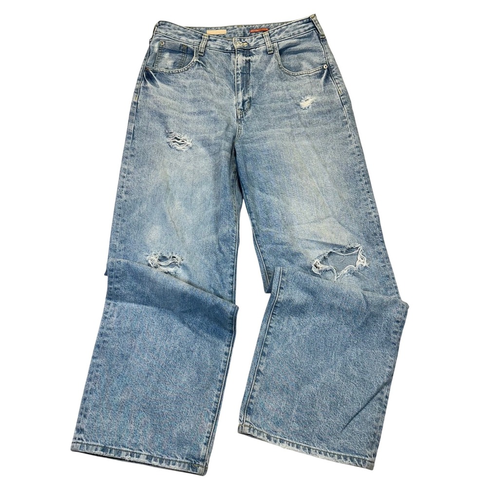 Pilcro Distressed Wide Leg Jeans Womens 29 Blue High Rise Relaxed Boho 90s